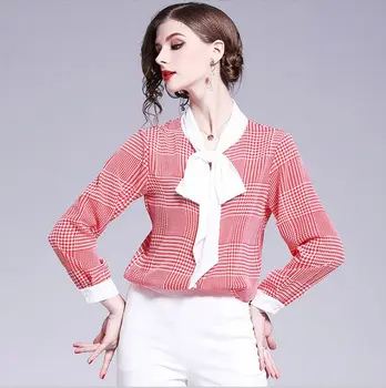 

New Houndstooth Plaid Print Ladies Tops Bow Loose Office Elegant Chiffon Blouse Women Cardigan Shirts Roupa Feminina
