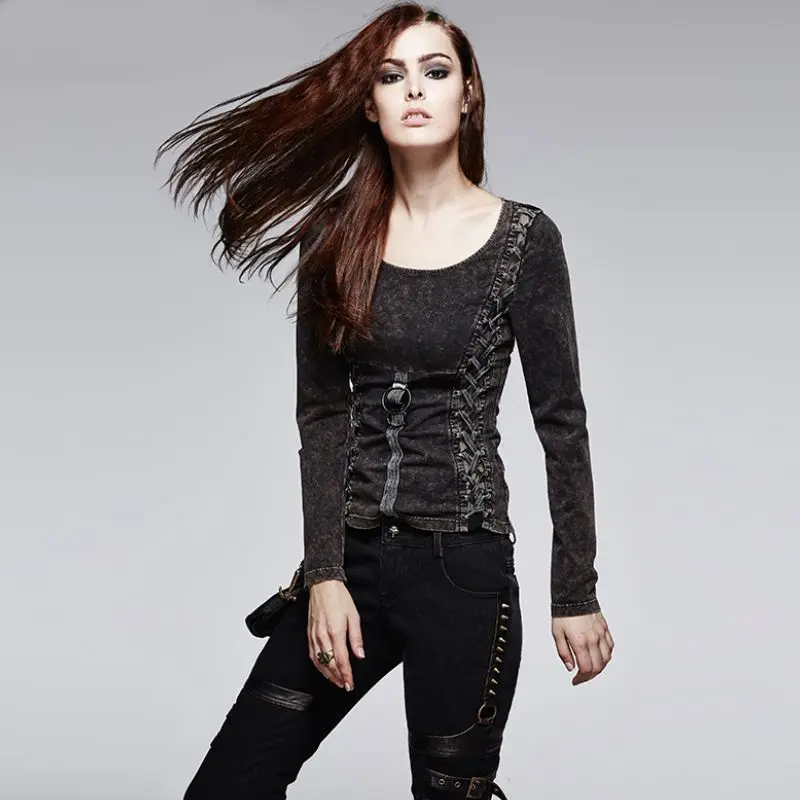 

Steam Punk Vintage Women T-Shirts with Back Lace-up Punk Retro Women's Black Long Sleeve Casual Tee Shirt Tops