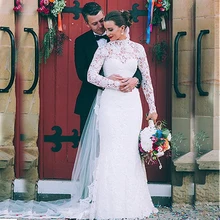 Скромное кружевное иллюзионное свадебное платье с высоким вырезом, длинные рукава, высокое качество, свадебное платье, robe de bal longue F95