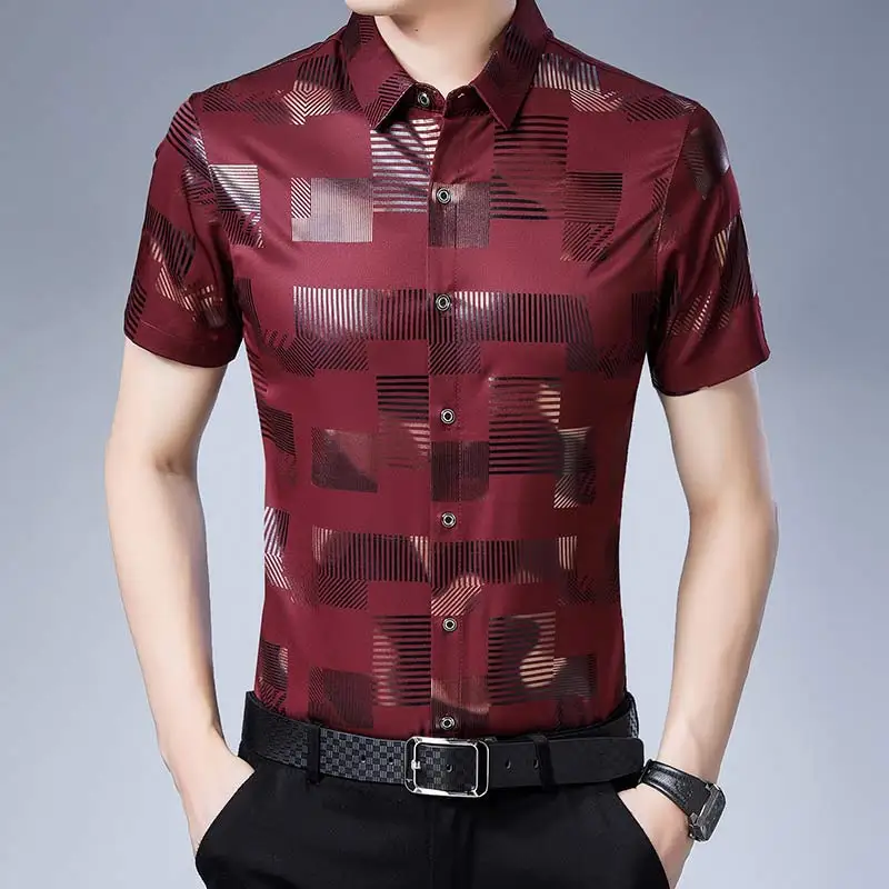 Casual summer luxury plaid short sleeve slim fit men shirt streetwear ...