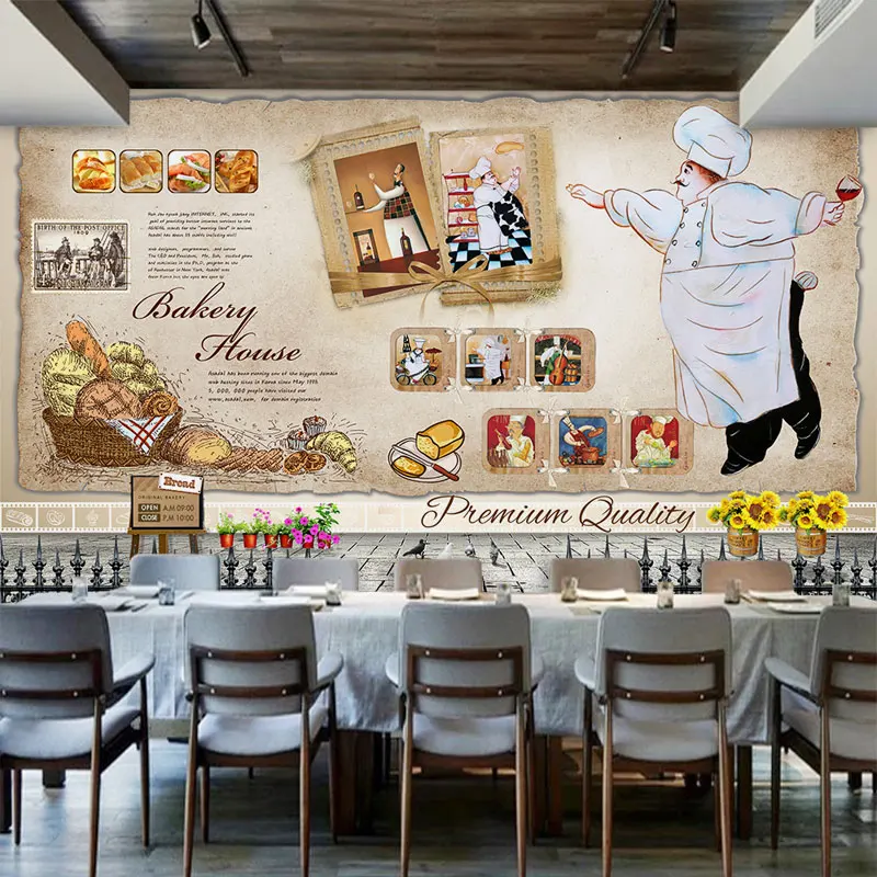 

Free Shipping 3D European style retro cartoon mural restaurant dinig room bakery cafe lounge wallpaper mural