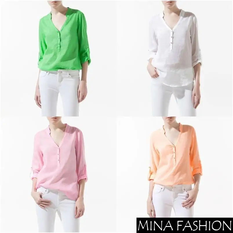 

CANDY COLOR V-NECK STUDS BUTTON LONG SLEEVE SHIRT Freeshipping