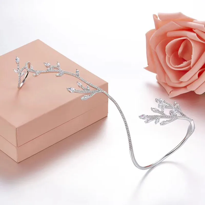 

SLJELY High Quality 925 Sterling Silver Tree Branch Open Cuff Zircon Leaf Bangle with Ring Bracelet Women Luxury Wedding Jewelry