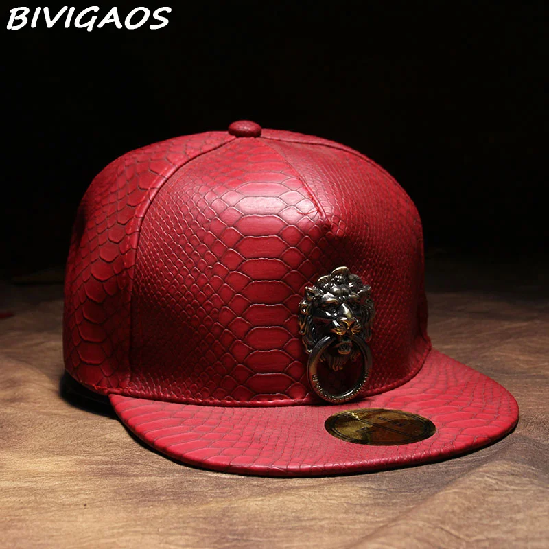 Новая металлическая скульптура голова льва Snapback шляпы змеиная кожа хип хоп кепка