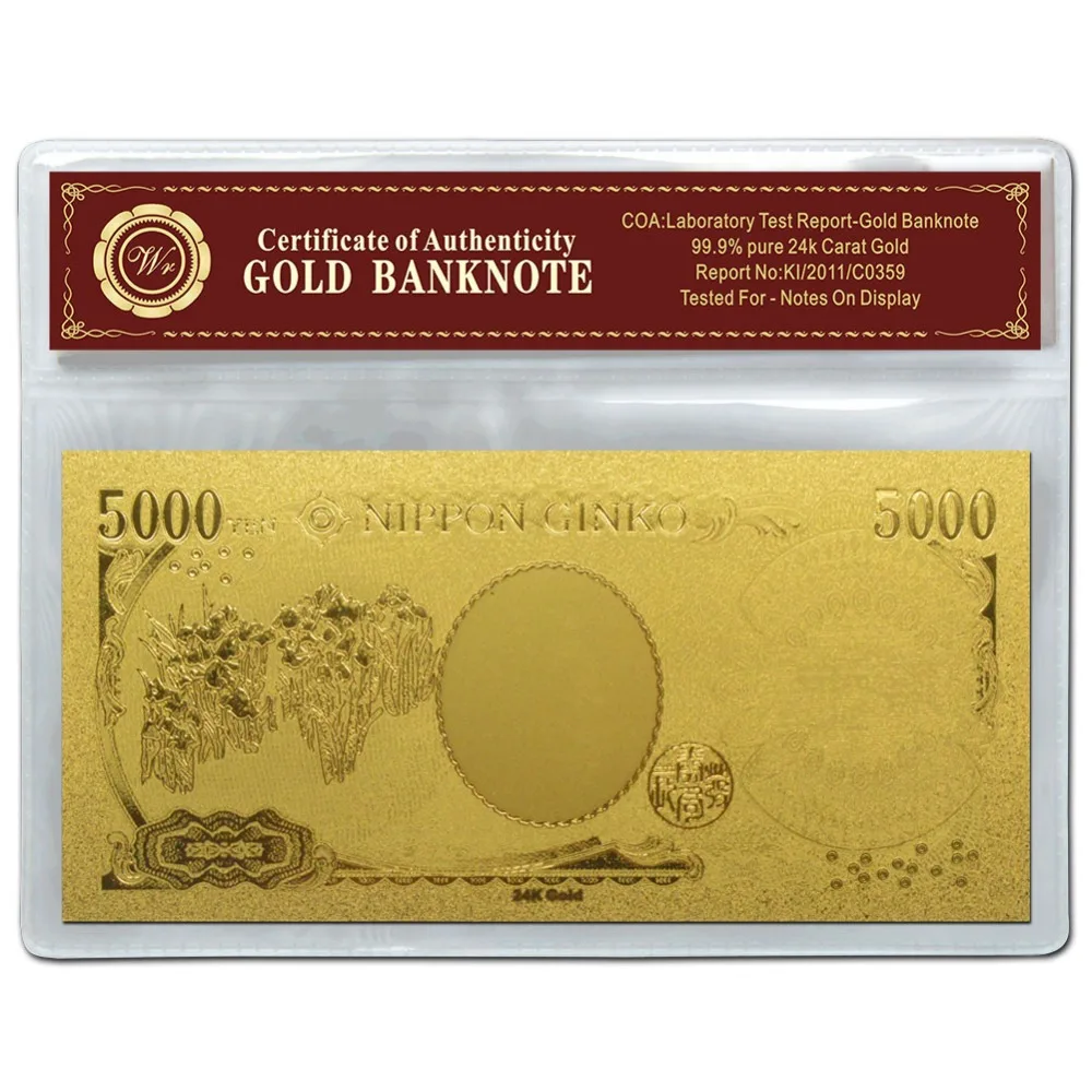 Японская Золотая банкнота 5000 иен бумажная монетница золото 99999 для коллекции с coa