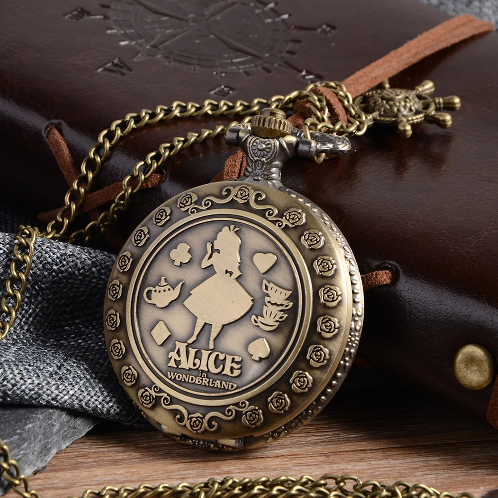 Vintage Copper Pocket Watch Bronze Necklace Quartz Fob Watch Women Ladies Necklace Pendant Chain Clock Christmas 5