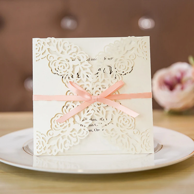 

100 Set Design Flower Rose Pattern Invitations For Wedding customize White Paper Laser Cut Invitation Cards Pink Ribbons