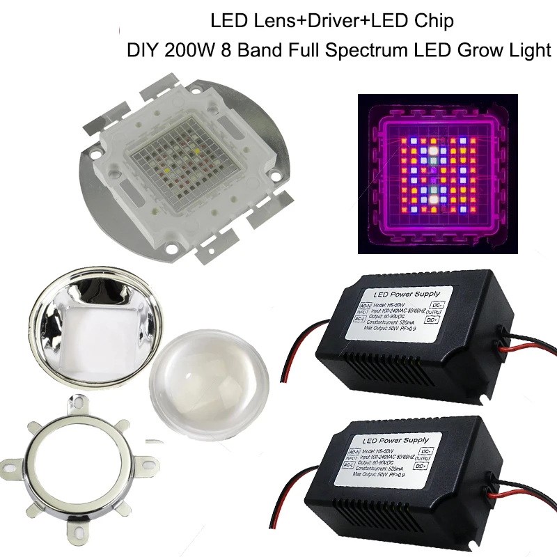 

2016 DIY 200W Led Grow Light 8 Band Full Spectrum LED Grow,LED Driver,Lens And Reflector DIY Full Spectrum COB Led Grow Lamp