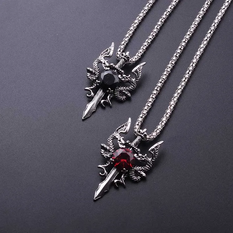 

2017 New Rock Punk Double Dragon Cross Sword Pendant Necklaces Red Black Crystal Necklace for Men Jewelry Two dragon play beads