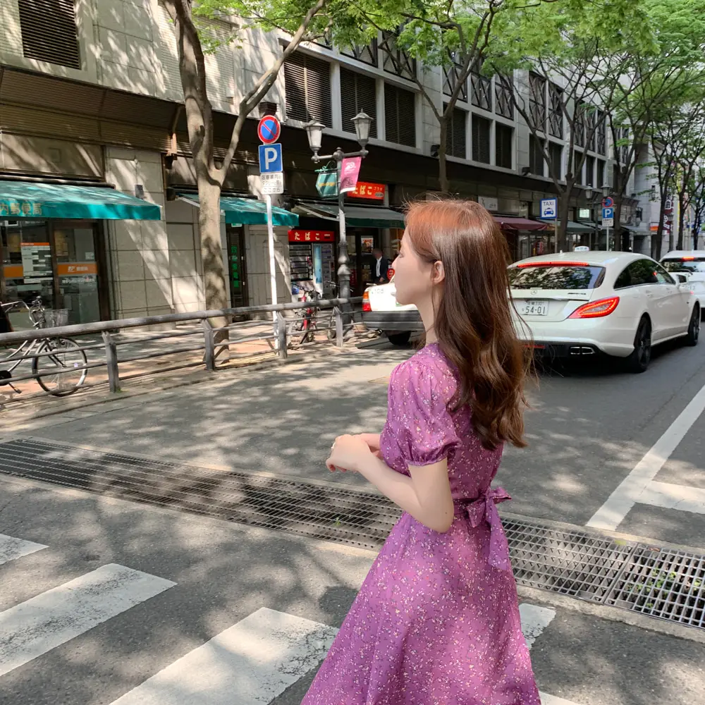 Цветочные винтажные платья, модное женское платье с v-образным вырезом в Корейском стиле для свиданий, свадеб, вечеринок, А-линия, тонкий галстук-бабочка, талия, фиолетовое платье, длинное 5128