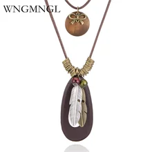 WNGMNGL Fashion Vintage Choker Necklace Double layer Charm Long Statement Feather Alloy Wood Pendant Necklace For Women Jewelry WNGMNGL Fashion Vintage Choker Necklace Double layer Charm Long Statement Feather Alloy Wood Pendant Necklace For Women Jewelry