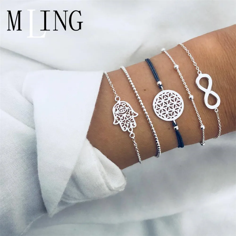 

MLING 5 Pcs/Set Vintage 8 Word Hollowed Hand Of Fatima Dreamcatcher Bracelet Set Sliver Color Bracelet Set Chains Female Jewelry
