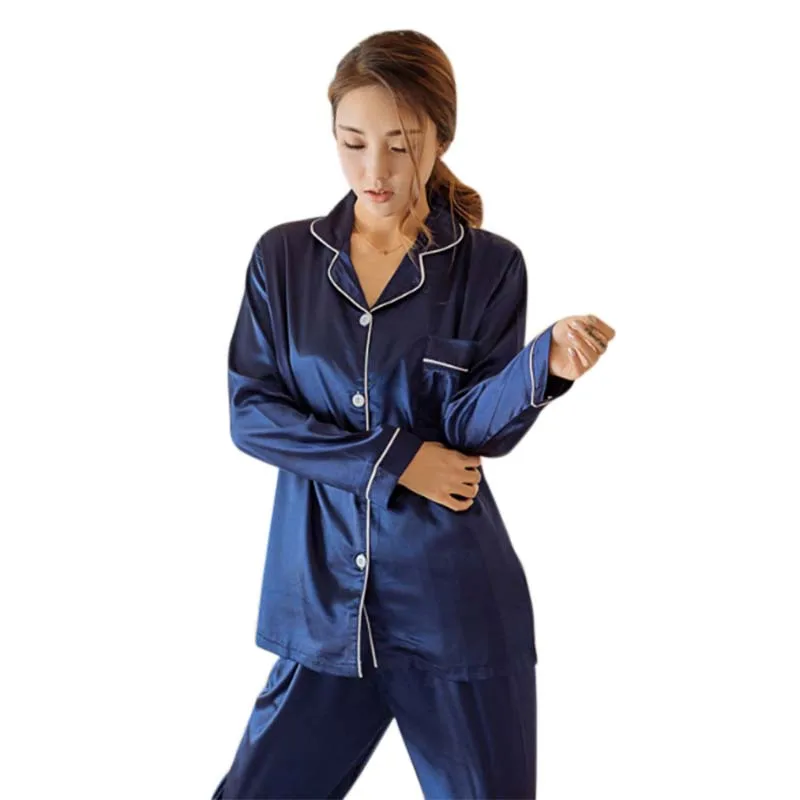 Женская шелковая атласная пижама, пижамный комплект с длинными рукавами, пижама, Дамская пижама, набор, весна и осень, тонкая секция, большой размер - Цвет: Blue