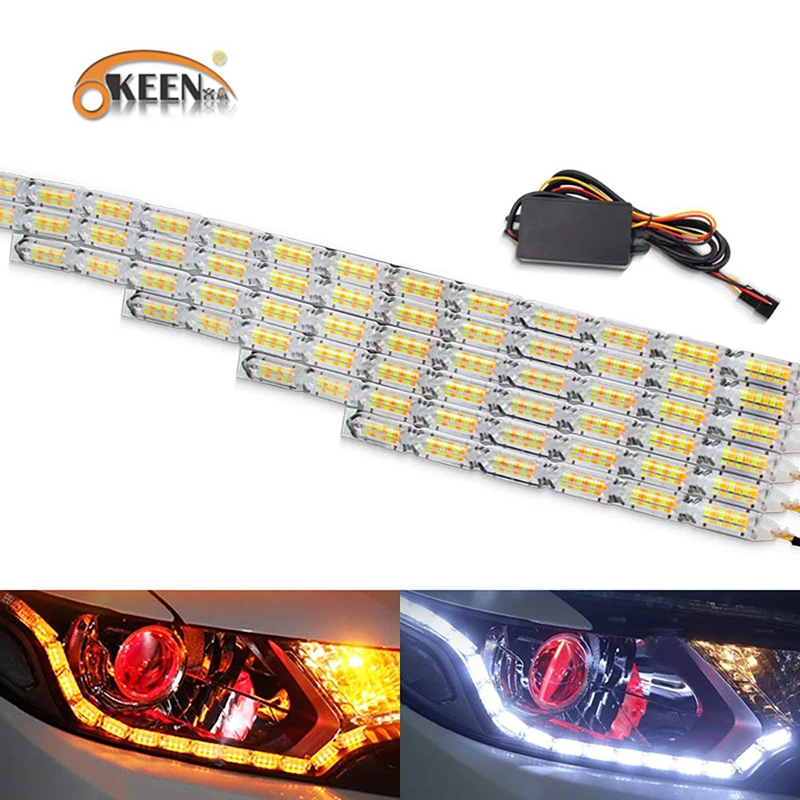 

OKEEN 2pcs Waterproof Flexible LED Strips Lights White DRL Daytime Running Light of Sequential Flow Style Switchback Headlight