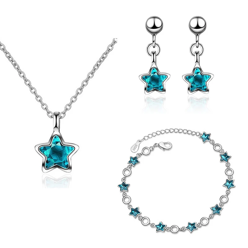 

XIYANIKE 925 Sterling Silver New Design Blue Crystal Little Star Jewelry Sets For Women Girls Gift Wedding Jewelry BR + EA + NE