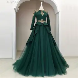 Зеленые мусульманские Вечерние платья 2019 трапециевидной формы Тюль с длинным рукавом Кружева кристаллы ислам Дубаи Саудовской Аравии