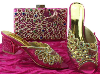 

Beautiful fuchsia women shoes match bag set with rhinestone peacock design african shoes and handbag for dress BL005,heel 8CM