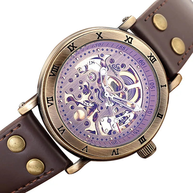 

Men Automatic Mechanical Watch Mens Watches Skeleton Self Wind Roman Numbers Luminous Hands Transparent Dial Leather Wrist Clock