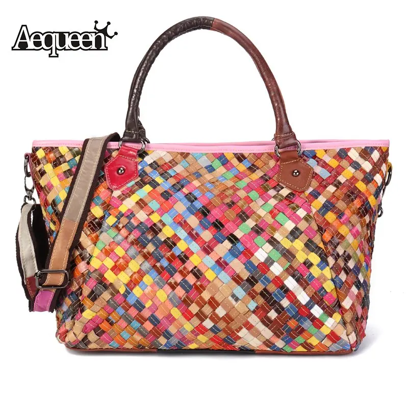 

AEQUEEN Large Capacity Casual Totes Weaving Genuine Leather Handbag Women Shoulder Bag Colorful Crossbody Bag Sling Bolsa Female