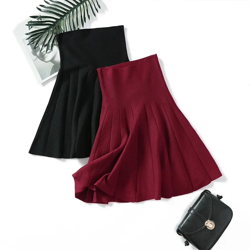 

SINGRAIN Knitted Skirt Short Women Pleated Mini Casual Elastic Flared sweater Skirts Female midi high waist Skirt Woman micro