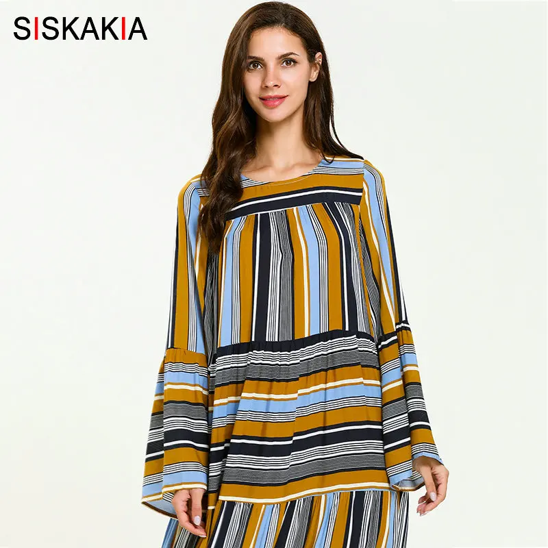 Stripe dress Siskakia/женское длинное платье размера плюс с цветными полосками в стиле пэчворк, повседневные свободные удобные макси платья с расклешенными рукавами, мусульманские халаты, Новинка - Цвет: Stripe dress