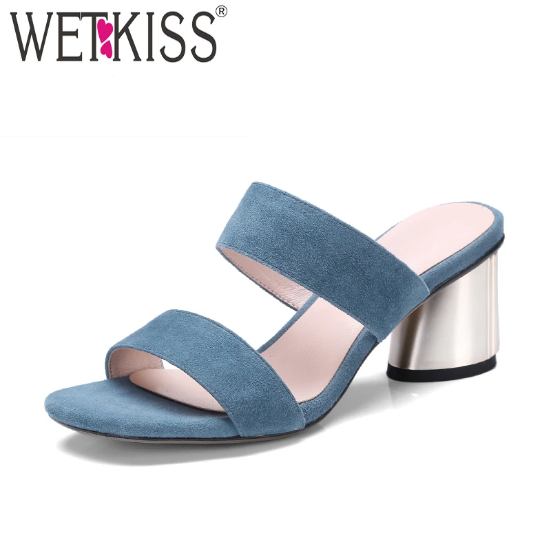 

WETKISS Summer High Heels Women Slippers 2018 New Kid Suede Female Mules Shoes Open Toe Strange Style Casual Slides Footwear