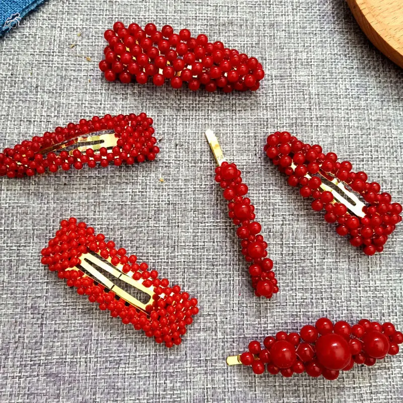 

AOMU 2019 Fashion Hair Accessories Geometric Red Beads Hair Clip For Women Handmade Braided Imitiation Pearl Barrettes Hairgrip