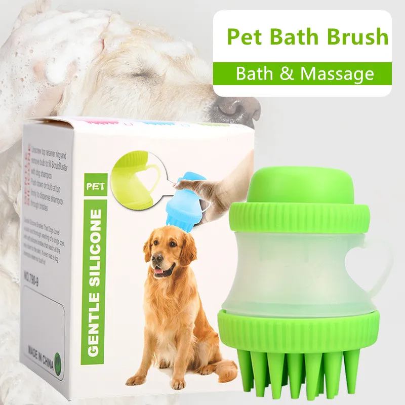 

Pet Dog Cat Bath Massage Brush, Shampoo Dispenser -Soft Bristle- Pet Cleaner Device Washer Bathing Comb Tool