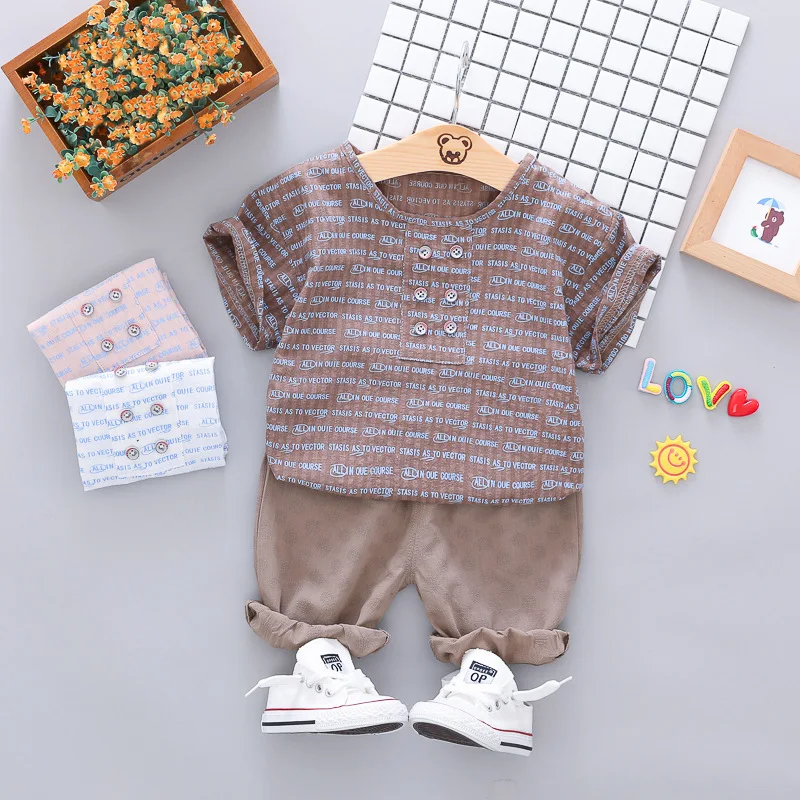 

2pcs/set Baby Boys Casual Short Sleeve Japanese Cotton Shirt Tops O-neck Blouse T-shirt+Shorts Set Summer Outfits Sets