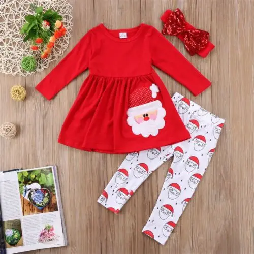 

Christmas Toddler Kid Baby Girl Lovely Long Sleeve High Waist Dress Tops Print Long Pants Sequins Bow Headband 3Pcs Outfits 2-7T