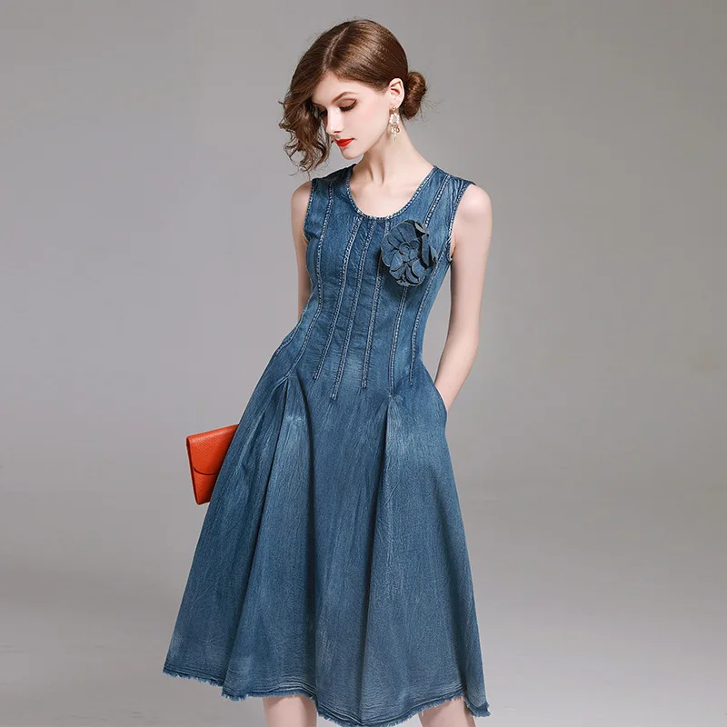 Women long Denim dress 2017 summer fashion retro sleeveless midi dress