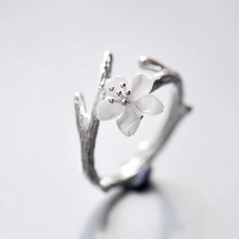 

ARN003(1), Blossom Silver Ring s925 Sterling Silver Sakura Natural Pearl Shell Flower Branch Rings for Women Men Couple Ring