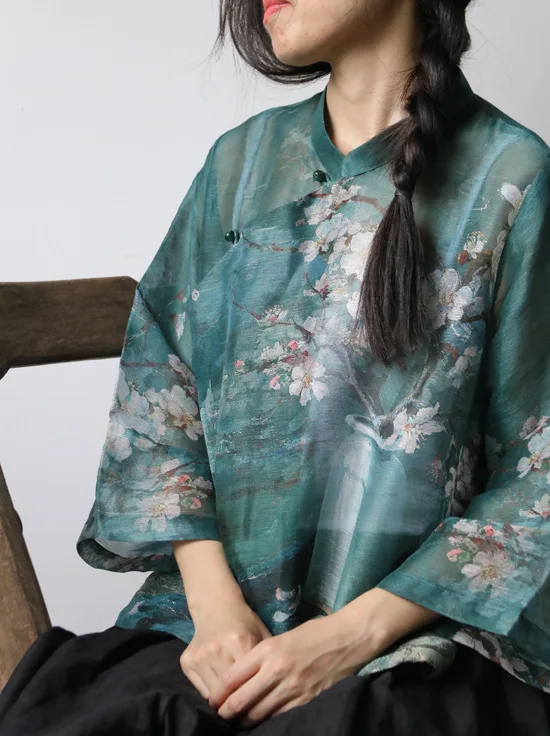 

Summer New Flower Vase Print Beads Button Flare Sleeve Lady Silk Linen Shirt, Loose Thin Cool Semitransparent Light Blouse Top