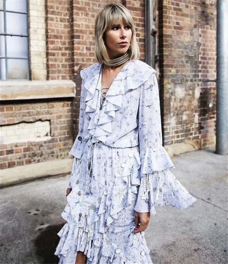 

High Quality 2019 Loose Ruffle Vocation Holiday Beach Women Long Loose Women Dress