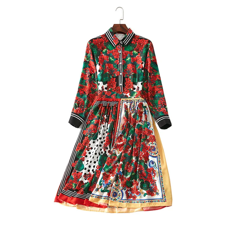 

New 2019 spring summer runway women fashion long sleeve brand dress mix floral print shirt dresses button front knee length