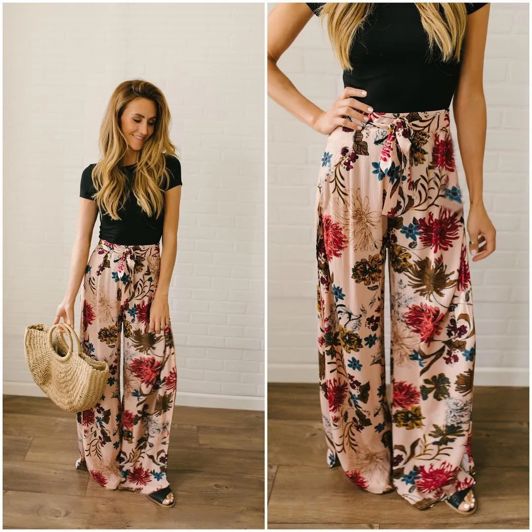 Fashion Summer Women Green Palm Leaf Print Pants Causal Bohemian High