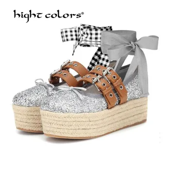 

fashion women shoes platform wedges Spring casual straw plaited article paillette Gold Silver Black Blue new ballets High Heels