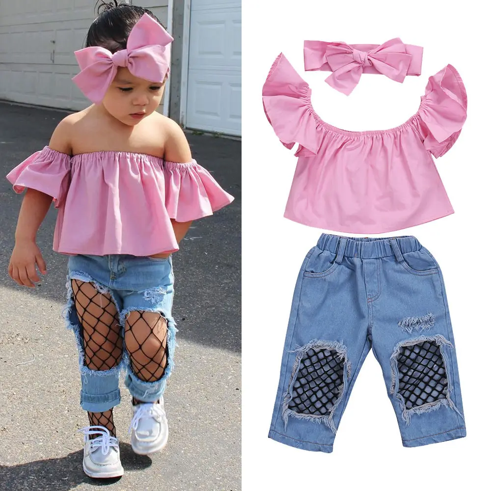 Summer 3pcs Baby Girl Kids Off-shoulder Crop Tops Shorts Pants Outfits Clothes