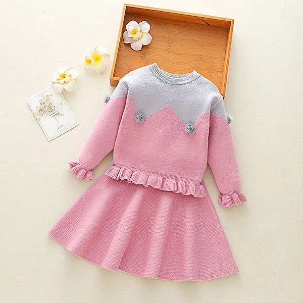 Осенне-зимняя одежда для младенца, комплекты для девочек Вязаный пуловер свитер+ юбка Детское платье из 2 предметов Модный комплект детской одежды