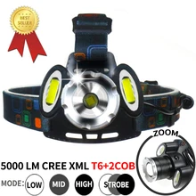 CREE XML T6 LED 2*COB Headlight Diving Headlamp 18650 Rechargeable 5000LM Zoom Head Flashlight Waterproof Headlight Lamp Torch