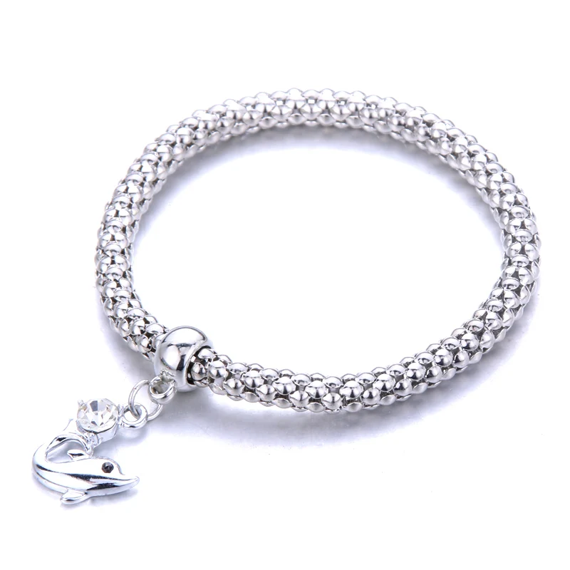 

street fashion simple temperament Silver color elastic popcorn chain snake chain whale pendant Crystal Bracelet women