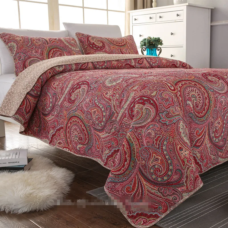 

Free shipping retro national style 3pcs boho red patchwork quilt full/queen size washed aircondition bed cover/bedspread bubu