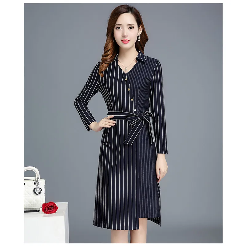 

Autumn slim black dress New Large size Korean fashion clothing splice Long sleeve Striped Dress elegant Ladies dresses 5XL1021
