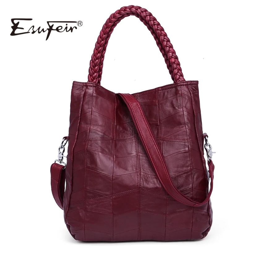 Goede ESUFEIR Merk Echt Leer Luxe Vrouwen Handtas Designer Patchwork Schapenvacht Vrouwen Tas Mode Schoudertas Casual Tote Bag