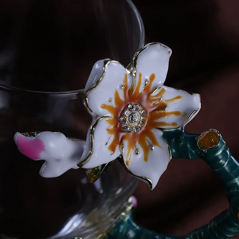 18 HIBOUR Unique Chrysanthemum Enamel Flower with Handgrip  Original Coffee Mugs Top Quality Glass Cups with Gift Box 400ml