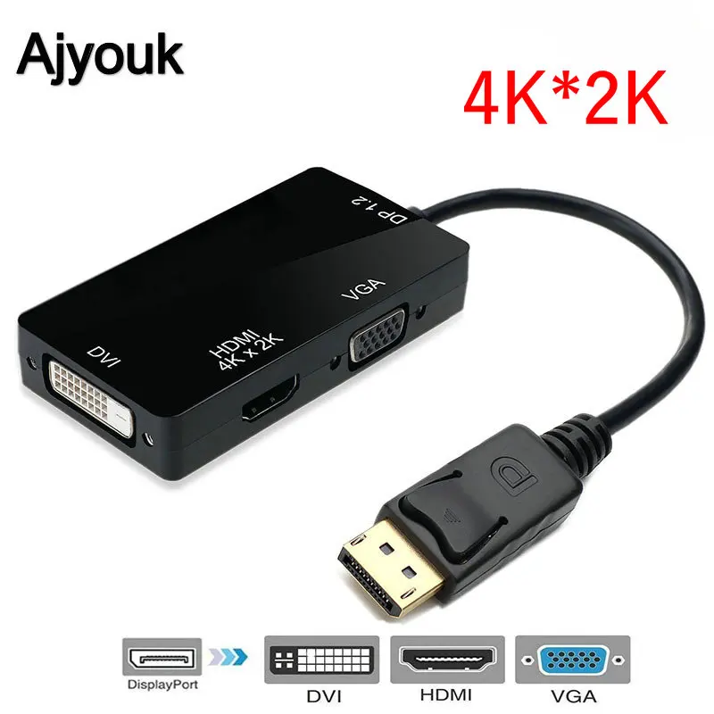 Адаптер 3 в 1 DisplayPort to HDMI 4K * 2K VGA DVI конвертер кабель Ultra HD Thunderbolt DP1.2 для MacBook HDTV