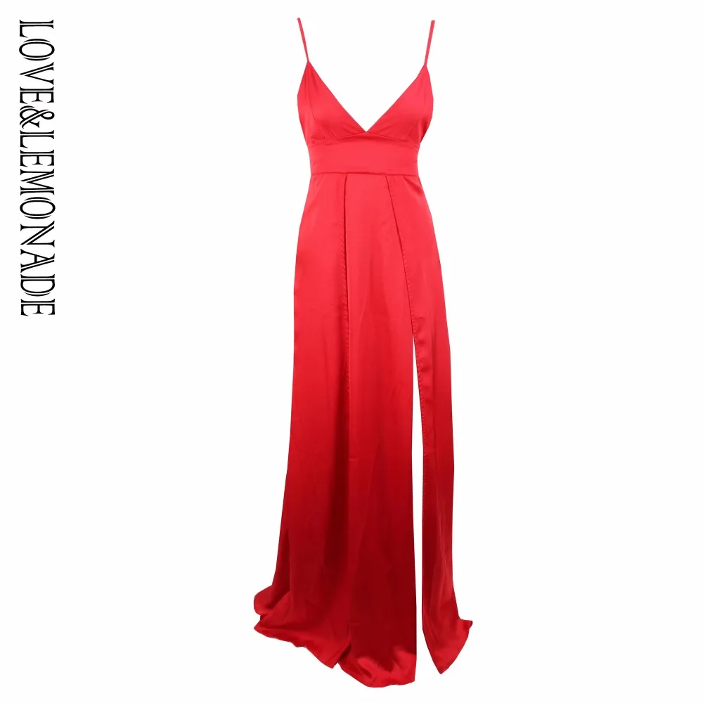 

Love&Lemonade Red Color V-Necked Irregular Long Dress LM0289