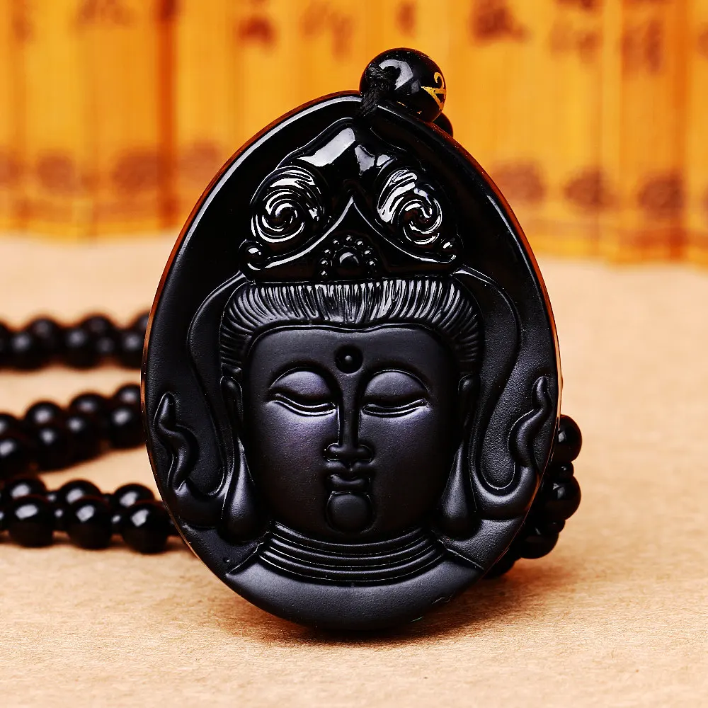 Wholesale Natural Stone Pendant Black Buddha Head Necklace Lucky Women