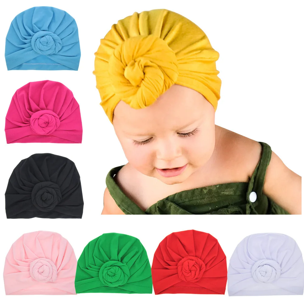 Baby Top Knot Hat Toddler Infants Cotton Soft Turban Knot Cap Candy Color Stretchable Cap Bohemian Baby Hat Beanie