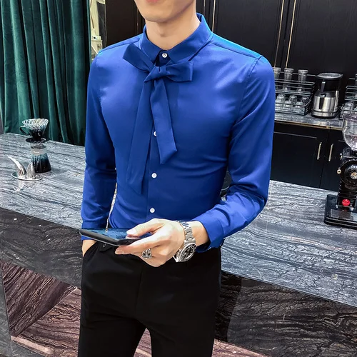 Синий Элегантные Мужские рубашки Королевского синего цвета Slim Fit Мужские рубашки шелковый галстук белые рубашки мужские офисные платья Heren Overhemd Dinner Ekose Gomlek - Цвет: Синий